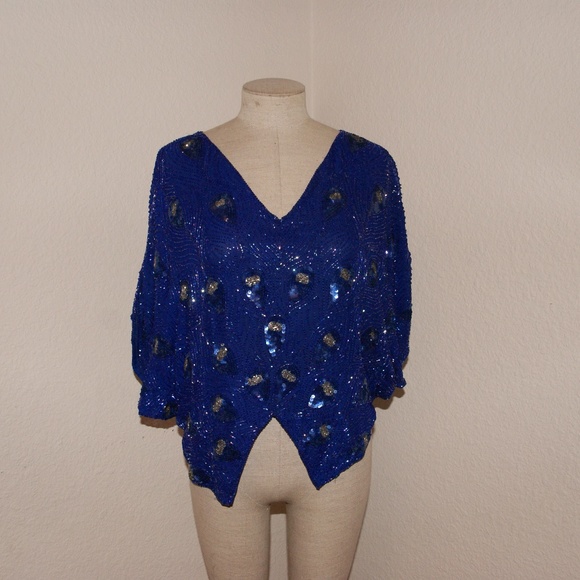 Vintage Tops - Vintage PEACOCK FEATHER Beaded Blue Silk Top S/M